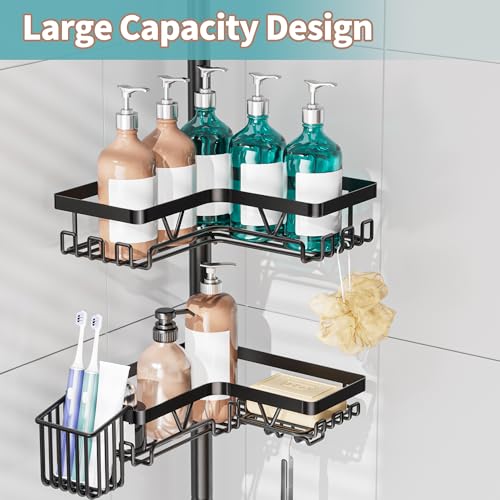 KEGII Shower Caddy Corner Tension Pole with Toothbrush Holder - Adjustable Corner Shower Organizer with Tooth Brush Holder, No Drilling Rustproof Bathroom Shelf Storage Rack, Fits 25-114.2 Inch - color: Black