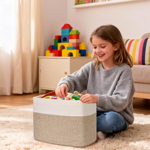 3 Pack Cube Storage Bin, 17”x12”x12” Cotton Rope Woven Baskets for Organizing Toys Clothes Towels, Square Gift Storage Baskets for Shelves, Nursery, Closet, Bathroom, Pantry (White & Jute) - color: White & Jute, size: 17" x 12" x 12"