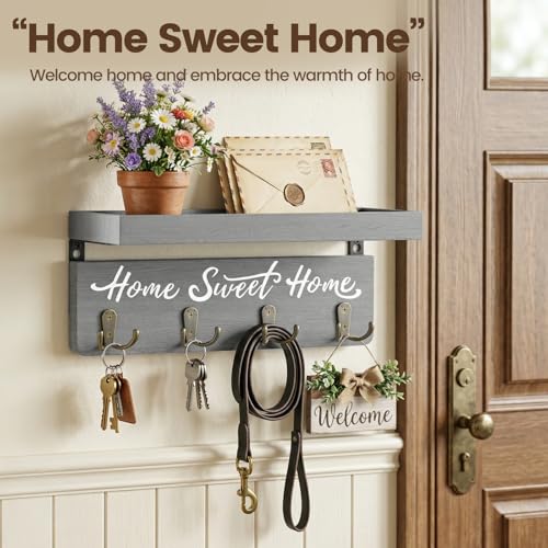 buways Key Holder Wall Mount with 4 Double Hooks-Solid Wood Wall-Mounted Organizer for Keys&Mail Rustic Key Rack Hanger Holder Home Decor for Entryway Living Room (Gray) - color: Gray