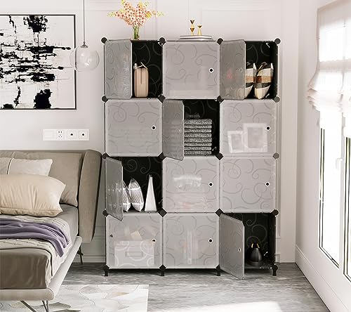 AWTATOS 12 Cube Storage Organizer with Doors, DIY Plastic Closet Shelf, Modular Bookshelf, Stackable Shelving Rack for Bedroom, Living Room, Black ULPZ012 - color: Black