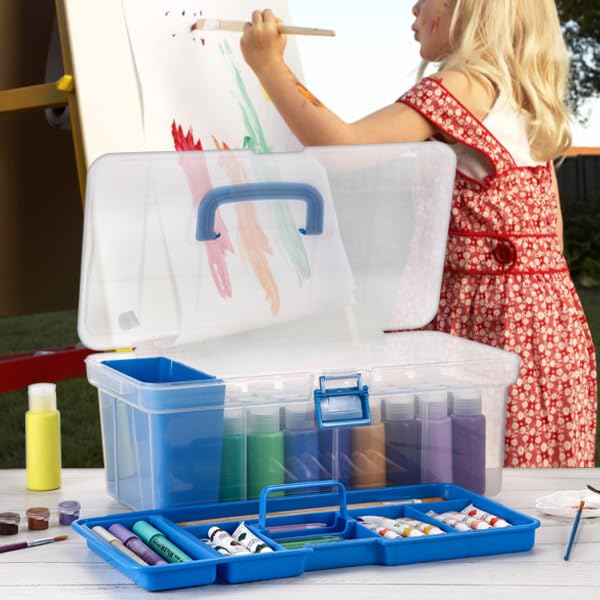 JUXYES Plastic Clear Craft Paint Bottle Storage Box with Divided Tray and Cleaning Cup, Portable Acrylic Paint Storage Organizer Case with Lid, Storage 36 Bottles of 2 fl. oz Acrylic Paints, Blue - color: Blue