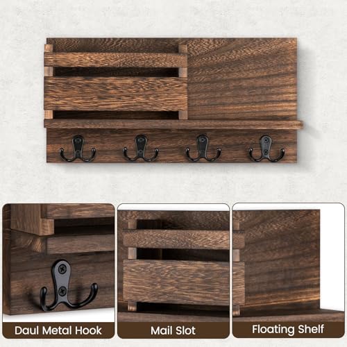 Key and Mail Holder for Wall Decorative - Rustic Mail Organizer Wall Mount, Wooden Letter Sorter Organizer with 4 Key Rack Hooks for Hallway Kitchen Farmhouse Decor (Brown) - color: A - Brown