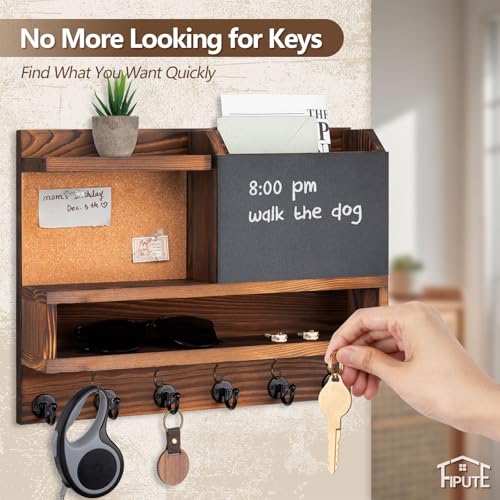 Key Holder for Wall Mount with Mail Organizer, Farmhouse Key Holder for Wall with Shelf, Chalkboard&Corkboard, Entryway Organizer 11 Metal Hooks, Decorative Natural Pine Wood, 14.6*11.1*3.3”, A-Brown - color: Brown-A
