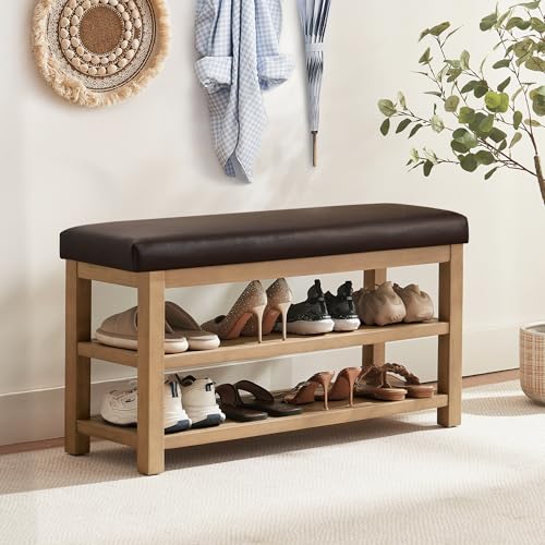 Zihanhome Shoe Rack Bench with Leather Cushion, 2 Tier Solid Wood Storage Bench, Mid-Century Modern Shoe Bench for Entryway, Hallway, Closet, Front Door Entrance, Foyer (Dark Brown, 39.4") - color: Dark Brown, size: 39.4"