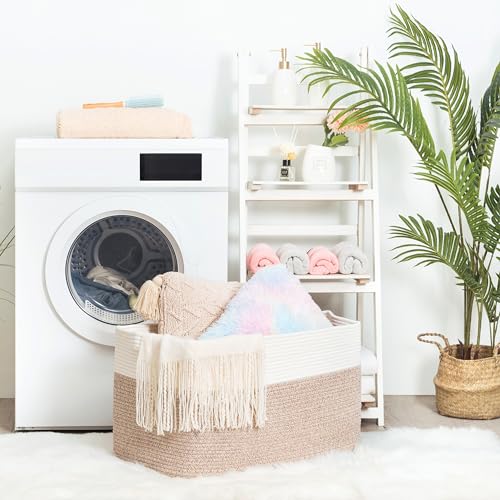 MINTWOOD Design 22in Extra Large Blanket Basket Holder Living Room, Rectangle Rope Woven Storage Basket with Handles for Laundry, Pool Towels, and Shoes, Dog Toy Organizer Bin Box, Light Brown - color: Light Brown
