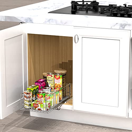 Simple Houseware Pull-Out Cabinet Sliding Basket Organizer, 17.2" D x 9.7" W x 5" H – Chrome Finished, Ideal for Kitchen and Bathroom Cabinet Storage, Under Sink or Pantry Organization - color: Chrome