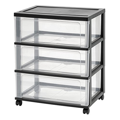 IRIS USA Plastic Drawer Storage Organizer Rolling Cart, with Wheels Casters, 3-Drawers, for Art Craft Supplies Bathroom Dorm Bedroom Laundry Room, Wide, Black - color: Black