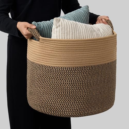 Blanket Basket - Woven Round Rope Storage Basket (16"Wx14"H) for Blankets & Throws, Small Laundry & Toy Organizer, Decorative Living Room & Bedroom Cotton Basket - Jute & Black - color: Jute & Black, size: Regular-16"Wx14"H