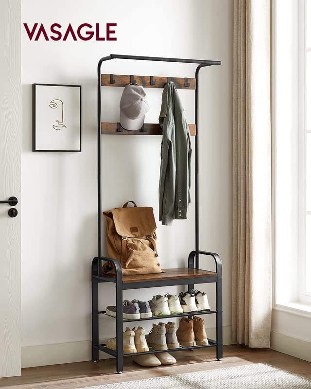 VASAGLE Coat Rack, Hall Tree with Shoe Bench for Entryway, Entryway Bench with Coat Rack, 4-in-1, with 9 Removable Hooks, a Hanging Rod, 13.3 x 28.3 x 72.1 Inches, Rustic Brown and Black UHSR40B - color: Rustic Brown + Black, size: 28.3"W