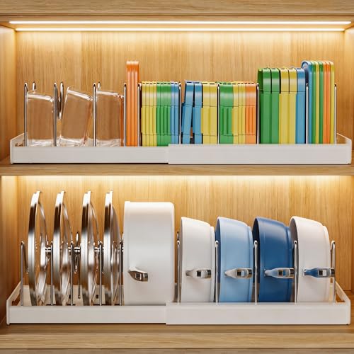 Nigelia 2 Pack Pots and Pans Organizer for Under Cabinet, 22" Expandable Food Storage Container Lid Organizers with 10 Adjustable Dividers Pot Lid Holders Rack Inside Cabinet&Kitchen Countertop(White) - size: 2 Pack