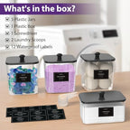 COAZEX 3+1 Pack Clear Laundry Pods Container & Dryer Sheet Holder, Plastic Square Laundry Room Organization and Storage Jars with Black Lids, Scoops & Labels for Detergent, Powder, Dryer Balls - color: 3+1 Pack
