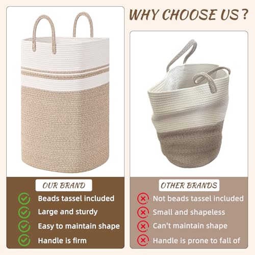 Woven Laundry Basket for Clothes, 65L Large Rectangle Laundry Hampers, Nursery Storage Basket for Toys, Tall Dirty Clothes Hamper for Bedroom Aesthetic, Bathroom, Laundry Room - color: Brown&White, size: 65L