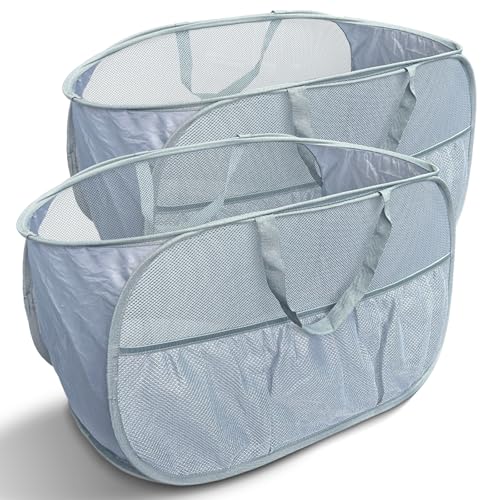 Collapsible Laundry Baskets 2 Pack, Mesh Pop Up Hamper with Handles, Portable Stair Basket, Dorm or Room Folding Bin, Dirty Clothes Hamper Light Breathable. Grey. 2H - color: Grey, size: 2-Pack Horizontal