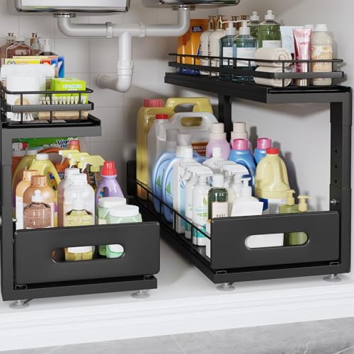 Under Sink Organizer Upgrade To Professional Rails,2-Tier Dual Pull Out Cabinet Storage,Height Adjustable Slide Out Drawers For Bathroom Kitchen,2 Pack-21"Dx12.8"-16.9"H,Black - color: Black, size: 2 Pack-21"Dx12.8"-16.9"H