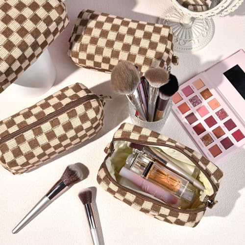 SOIDRAM Checkered Makeup Bag Preppy Cosmetic Bag Bulk Brown Makeup Pouch Personalize Travel Toiletry Bag Organizer Cute DIY Makeup Brushes Storage Bag for Women - color: Brown, size: 6 Pack