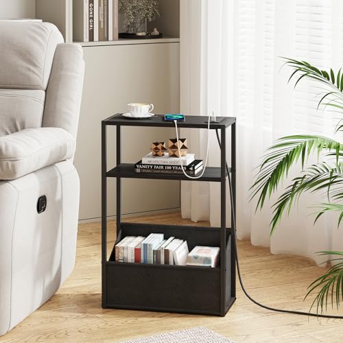 TUTOTAK Narrow Side Table, Small End Table with Charging Station, Nightstand with Fabric Basket, Bedside Table for Small Space, Livingroom, Bedroom Black TB01BK095 - color: Black