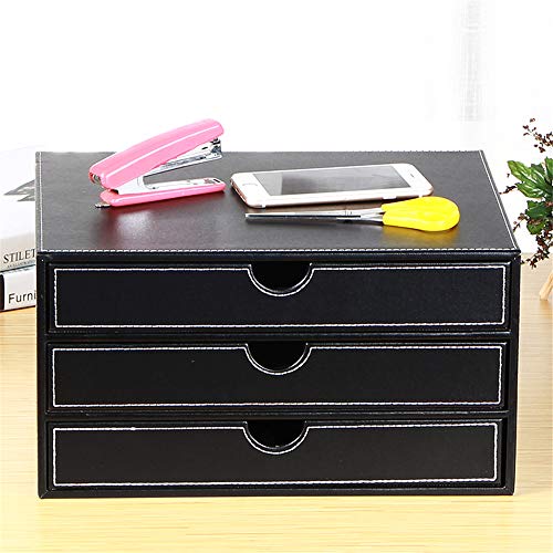 Leather Desk Organizer with 3 Drawers,Stackable Storage Box for Jewelry/Bill/Paper/Documents/Makeup Home Decor Accessories - color: black