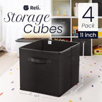 Reli. 11 Inch Cube Storage Bins (4 Pack) | Cube Organizer Bins | 11x11 Fabric Storage Boxes | Collapsible, Foldable Fabric Cubby Box (Square) | Kids Room Organization (Black)