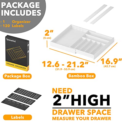 SpaceAid Bamboo Silverware Drawer Organizer with Labels, Kitchen Utensil Expandable Tray Holder Organizer for Flatware, Cutlery, Spoon and Knives Drawer Storage Organization (White, 10 Slots) - color: White