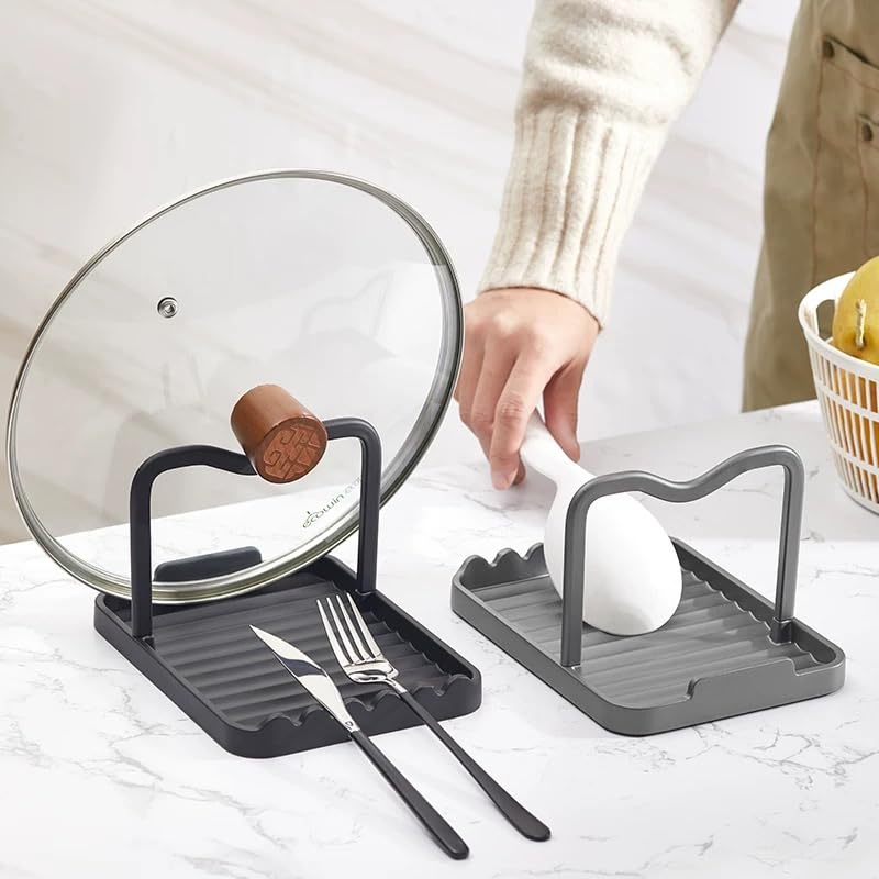 Anti-Rust Metal Spoon Rest with Lid Holder, Heat-Resistant Pot Lid Rest, Multifunctional Spatula Holder While Cooking for Stovetop and Kitchen Counter – Grey - color: Gray