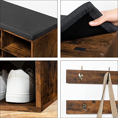 HOOBRO Shoe Storage Bench with Cushion, 39.4" L Entryway Bench with 12 Cubbies, Entryway Hall Tree with Storage, Shoe Cabinet with Coat Rack for Bedroom, Hallway, Holds up to 330 lb, BF112HX01G1 - color: Rustic Brown + Black
