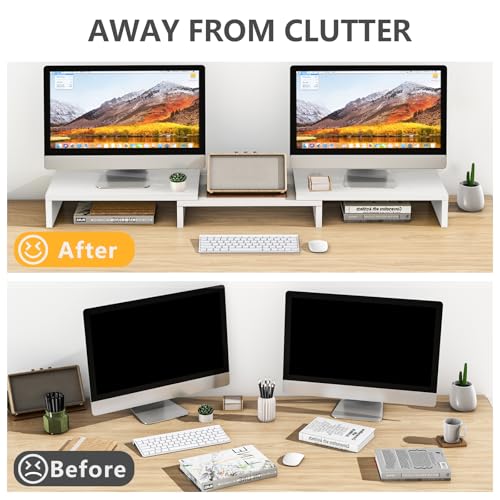 TAVR Furniture Dual Monitor Stand Riser, Computer Monitor Stands for 2 Monitors, Extra Long Multifunctional Desktop Organizer Riser for Computer, Laptop, PC, Printer, TV, Max 43.3" Length, White - color: White