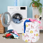 KUNRO Kids Laundry Hamper Clothes Gift Basket Storage Laundry Baskets Organizer Bin with Handles for Nursery Room (Pink Zoo) - color: Pink Zoo