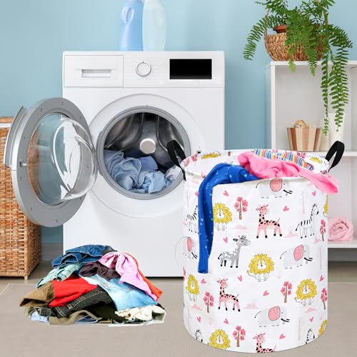 KUNRO Kids Laundry Hamper Clothes Gift Basket Storage Laundry Baskets Organizer Bin with Handles for Nursery Room (Pink Zoo) - color: Pink Zoo