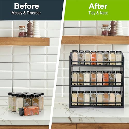 3 Tier Bamboo Spice Rack, Spice Rack Organizer, Seasoning Jars Rack Shelf Spice Organizer for Kitchen Counter or Wall Mounting, Spice Storage Holder with handles, Jars Not Included, Black - color: Black with Handles