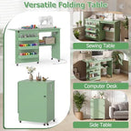 Giantex Folding Sewing Table with Charging Station, Rolling Craft Table with Storage Trays & Shelf, Foldable Sewing Machine Cabinet Desk with Lockable Wheels for Small Spaces (Sage) - color: Sage