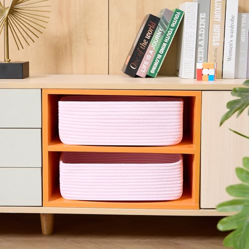 MiniArk Large Shallow Organizing Baskets 15x11x5.1 Inches - Rope Woven Storage Bins for Bathroom, Shelves, Cube Closet, Light Pink 2 Packs - color: Light Pink, size: 2pcs-L15×W11×H5.1"