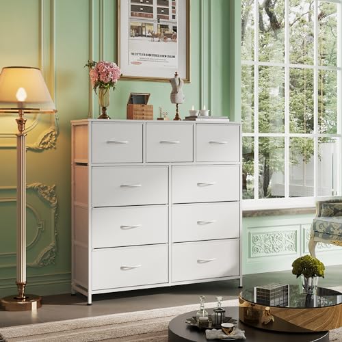 WLIVE 9-Drawer Dresser, Fabric Storage Tower for Bedroom, Hallway, Closet, Tall Chest Organizer Unit for Bedroom with Fabric Bins, Steel Frame, Wood Top, Easy Pull Handle, White - color: White