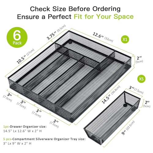 Neudeco Drawer Organizer Set 6 Pack - 5-Compartment Silverware Organizer Tray + 5 Utensil Trays, Kitchen Drawer Organizer for Flatware, Cutlery, Office Supplies, Black Mesh, Non-Slip. - color: Black-6L pack