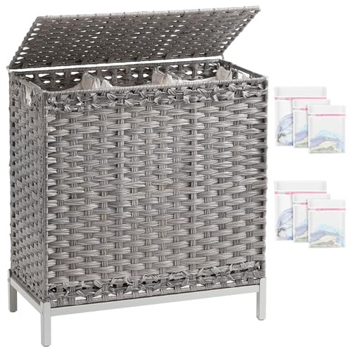 SETVSON Laundry Hamper with Lid 132 L, (35 Gallons) Clothes Hamper with Lid, Handwoven Rattan Laundry Hamper with Metal Heightened Feet, Laundry Hampers with 3 Removable Liner Bags for Laundry-Gray - color: Gray, size: 132 L - 35 gal