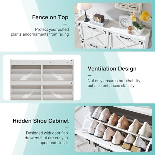 Barnyatoh Shoe Storage Cabinet,Farmhouse Shoe Organizer with 4 Flip Drawers & Barn Door Design,Freestanding Hidden Slim Narrow Shoe Rack Cabinet for Entryway,Foyer,Hallway,Antique White - color: Antique White, size: 4-Drawers