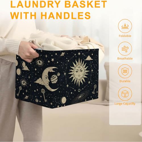 56L Sun Stars Moon Laundry Basket Clothes Hamper with Handles,Foldable Blanket Storage Large Laundry Hamper with Waterproof PE,Toy Storage Bin Organizer,Cube Clothes Organizer,Home Decor - color: Sun Stars Moon
