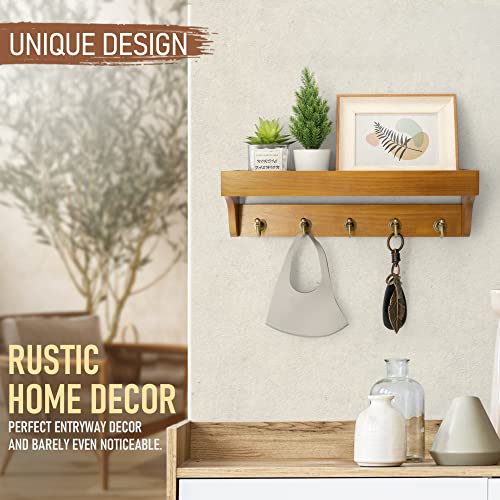 Rebee Vision Decorative Key Holder for Wall with Shelf: Farmhouse Mail Rack with 5 Sturdy Key Hooks for Home Decor, Apartment, Entryway and Hallway (Light Brown) - color: Yellow