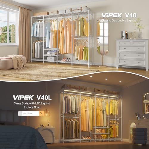 VIPEK V40 Heavy Duty Clothes Rack, 1110lb Capacity Sturdy Metal Garment Rack, Clothing Rack with 6 Shelves & 4 Hang Rods, Adjustable Open Wardrobe Closet Organizer for Bedroom/Apartment/Retail, White - color: White, size: V40 Regular