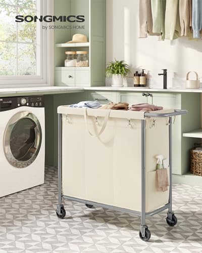 SONGMICS Laundry Basket with Wheels, 3-Section Rolling Laundry Hamper, 52.8 Gallons (200 L), Removable Liner, Steel Frame with Handle, 35.8 x 15.4 x 31.9 Inches, Cream White URLS005W01 - color: Cream White, size: 200 L (3-Section), style: Rectangular with