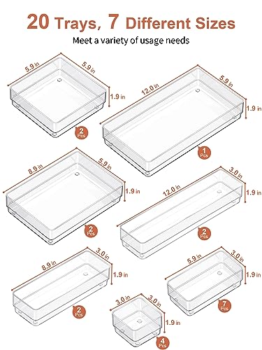 SMARTAKE 20-Piece Drawer Organizer with Non-Slip Silicone Pads, 7-Size Desk Drawer Organizer Trays Storage Tray for Makeup, Jewelries, Utensils in Bedroom Dresser, Office and Kitchen (Clear) - size: 20 PCS