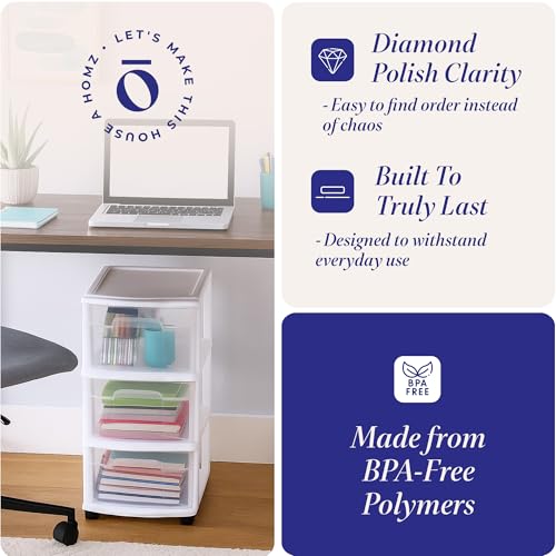 HOMZ 2-Pack Drawer Tower, 3-Tier Clear Plastic Storage Organizer Cart, White Frame - Organizing Containers with Wheels for Home, Bathroom, Bedroom, Office, and Classroom - color: White, size: 2 Pack