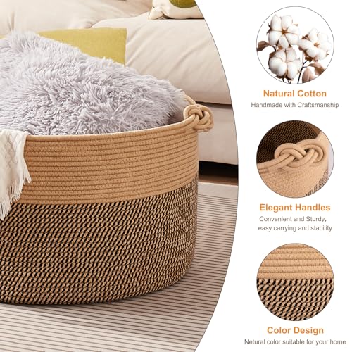OIASKET Large Blanket Storage Basket for Living Room, 22.8" x 22.8" x 13" Woven Cotton Rope Basket with Handles, Baby Toy Storage, Laundry Hamper for Clothes, Pillows, Towels-Brown and Black - color: Brown & Black, size: 90L