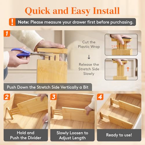 Lifewit 5" High 8 Pack Bamboo Drawer Dividers 33-42cm/13-16.5" Adjustable Wooden Drawer Organizer for Clothes/Utensils, Expandable Drawer Separator for Dresser/Kitchen/Bedroom/Office Organization - size: 5"H, 13-16.5"L