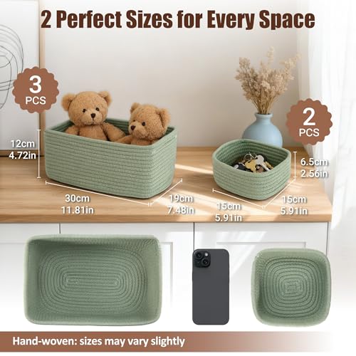5-Pack Small Woven Rope Storage Baskets – 2 Sizes Organizer Bins for Closet, Shelf, Bookshelf, Nursery, Changing Table, Fabric Cube Boxes, Rectangular Shallow Bins for Bathroom, Toy & Home - color: Green