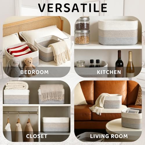 4 Pack Storage Baskets for Organizing, 12''Lx9''Wx8''H Woven Baskets for Storage Toys, Towels, Books, and Clothes, Cotton Rope Basket for Shelves with Handle (White & Grey) - color: White & Grey