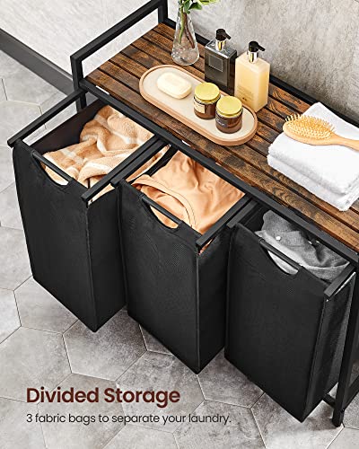 VASAGLE Laundry Hamper, Laundry Basket, Laundry Sorter with 3 Pull-Out and Removable Bags, Shelf, Metal Frame, 3 x 10.6 Gallons (40 L), 36.4 x 13 x 28.4 Inches, Ink Black and Rustic Brown UBLH301B01 - color: Black + Rustic Brown, size: 3 Bags - 120 L