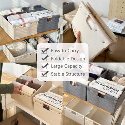 2PCS Storage Bins Cotton Linen Fabric Storage Boxes Basket with Wooden Handles Foldable Washable Decorative Shelf Container Clothes Organizer Home Laundry - Medium Size, Beige - color: Beige, size: Medium (Pack of 2)