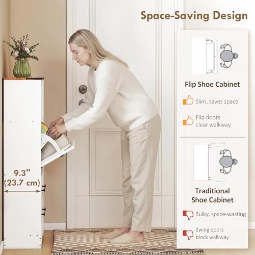 HOMCOM Shoe Cabinet with 2 Flip Drawers, Narrow Shoe Storage Cabinet with Adjustable Shelves and Open Shelf, Farmhouse Storage Organizer for Entryway, Hallway, Holds 12-16 Pairs, White - color: White