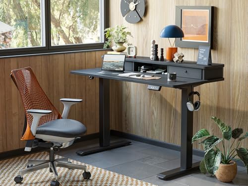 TIQLAB Standing Desk with Two Drawers, Stand Up Standing Desk Adjustable Height, Electric Sit Stand Table with Storage Shelf and Splice Board, 55 * 24 inch, Black - color: Black, size: 55*24 inch without keyboard tray