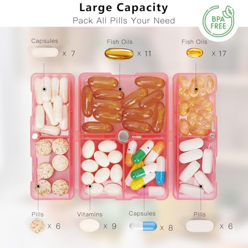 FYY Daily Pill Organizer, 7 Compartments Portable Pill Case Travel Pill Organizer,[Folding Design] Pill Box for Purse Pocket to Hold Vitamins,Cod Liver Oil,Supplements and Medication-Clear Red - color: Clear Red, size: Small (1 Piece)